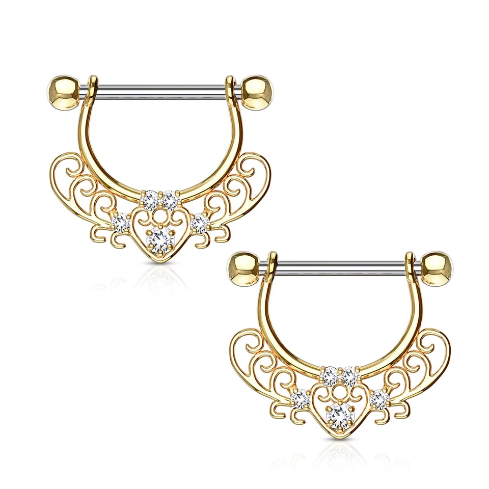 PAIR of Nipple Rings CZ Set Center Heart Filigree Dangle 316L surgical Steel 14G - Image 1 of 1