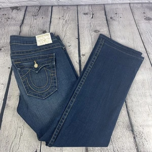 True Religion Straight Leg Jeans Women's 32 (34x28) Flap Pocket Gold Rhinestone - Picture 1 of 13