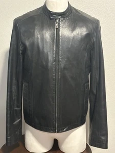 COLE HAAN Genuine LAMB Leather Black Cafe Racer Biker Moto Jacket Lined Men sz.M - Picture 1 of 16