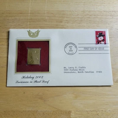 Muñeco de nieve en bufanda a cuadros de vacaciones 2002 réplica sello edición primer día con tarjeta Foto 1 de 4