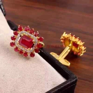 4Ct Radiant Lab Created Pink Ruby Diamond Men's Cufflinks 14K Yellow Gold Plated - Picture 1 of 6