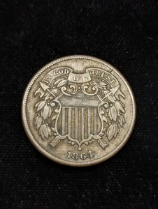 1864 Philadelphia Mint Copper Two Cent Coin VF-XF #007 - Picture 1 of 2