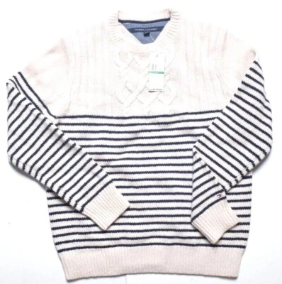 Tommy Hilfiger Mens $129 Lambs Wool Cream White Navy Blue Cable Knit Sweater 2XL - Image 1 of 4