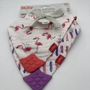 Nuby 100% Natural Cotton Muslim Bib Set 2 Baby Girl Teething Corners Flamingo - Picture 1 of 8