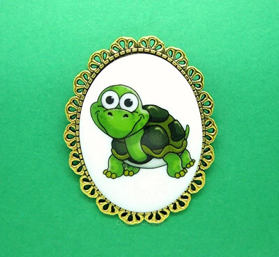 Lindo broche prendedor de porcelana camafeo de porcelana tortuga verde bisutería tono dorado Foto 1 de 2