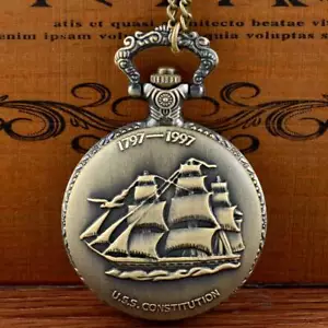 Antique Bronze USS Constitution Pocket Watch Quartz Necklace Chain Pendant Gift - Picture 1 of 7