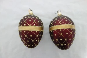 2 Dept 56 Egg Shaped Handmade Glass Tree Ornaments Burgundy/Gold Poland 4 1/2'' - Picture 1 of 3