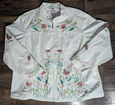 Quacker Factory White Embroidered Jacket Size 2X Floral Butterfly Spring Zip - Image 1 of 4