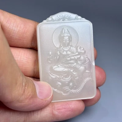 Colgante amuleto de bodhisattva Samantabhadra tallado en jade natural de China de 2,2"" A148 Foto 1 de 4