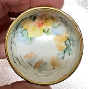Stunning Limoges Yellow Orange Floral w GOLD Open Salt Dip 3 Ball Feet 1 7/8 W - Picture 1 of 6