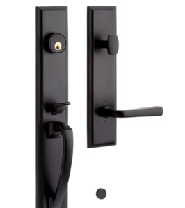 Signature Hardware 479113 Aurick palanca de puerta de entrada de latón macizo con llave con mano en R - Imagen 1 de 7