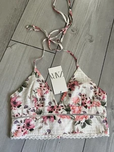New ZARA Women's Small Pink White  Floral Crop Top Cotton Plunge Halter S - Picture 1 of 6