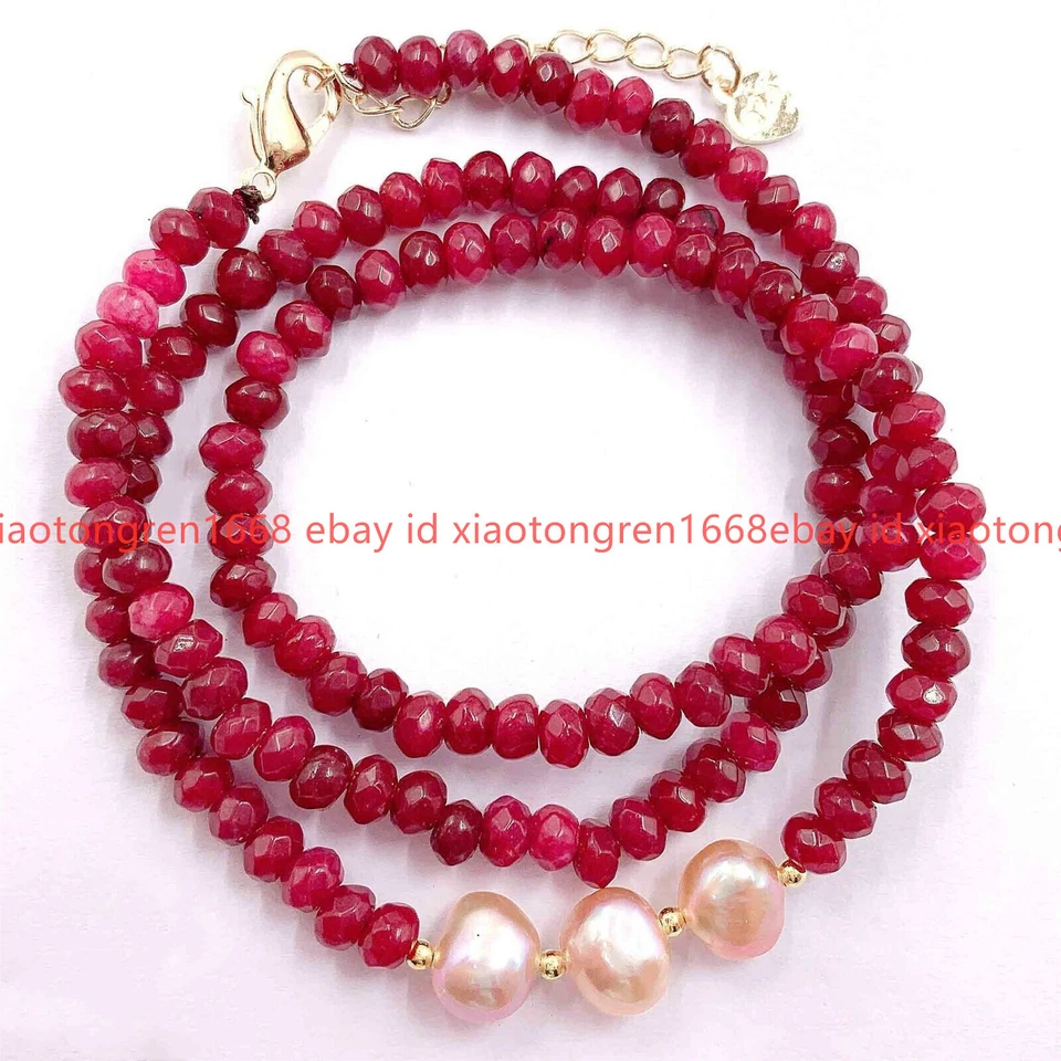 2x4毫米多面红色玉髓淡水白色巴洛克珍珠项链18-24英寸 — 第 1/4 张图片