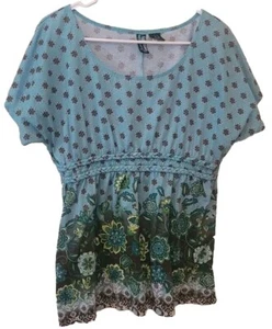 Weavers Teal Paisley & Brown Floral Short Sleeve X-Large Top Braided Detail - Picture 1 of 8
