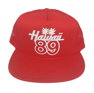 Vintage EUC Hawaii 89 rote Truckermütze 80er Jahre Netz Druckknopflasche Kappe Kopfbedeckung Palmen - Bild 1 von 11