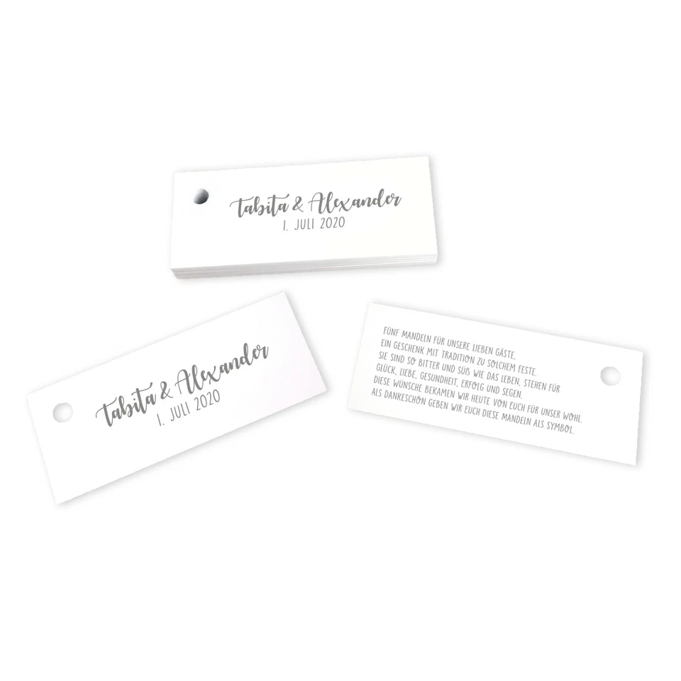 28 Kärtchen personalisiert Namen & Datum Gastgeschenke Hochzeit Hochzeitsmandeln - Bild 1 von 1