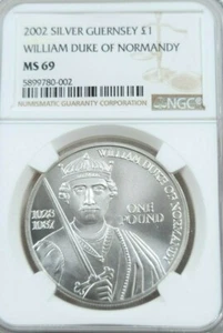 2002 GUERNSEY SILVER 1 POUND WILLIAN DUKE OF NORMANDY NGC MS 69 SCARCE BEAUTY - Picture 1 of 3