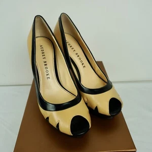 Audrey Brooke Womens High Heel Shoes 7M Pump Peep Toe Platform Black Tan Leather - Picture 1 of 12