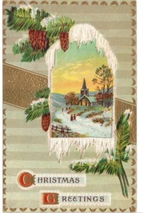 Postal de colección saludos de Navidad iglesia iluminada al atardecer bonita tarjeta postal de arte antiguo - Imagen 1 de 2