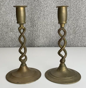 antique pair of 19th century signed england barley twist solid brass candlestick - Picture 1 of 15