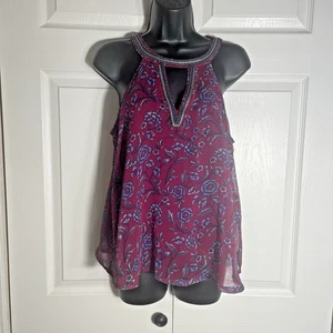 Hollister Shirt Women Small Burgundy Blue Floral Sleeveless Whmsigoth Blouse Top - Picture 1 of 10