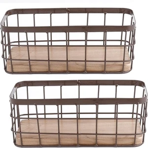 Dicunoy Set of 2 Small Wire Baskets, Narrow Rustic Storage Brown, wood color - Picture 1 of 7