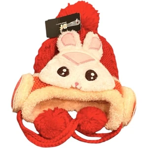 Child's Knit Bunny Rabbit Red Beanie Hat Fleece Lined Ear Muffs Ties Pompoms NWT - Picture 1 of 7