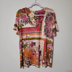 Camiseta Top Johnny Was Mujer Bambú Cuello en V Manga Corta Rosa Naranja Floral Talla L - Imagen 1 de 6