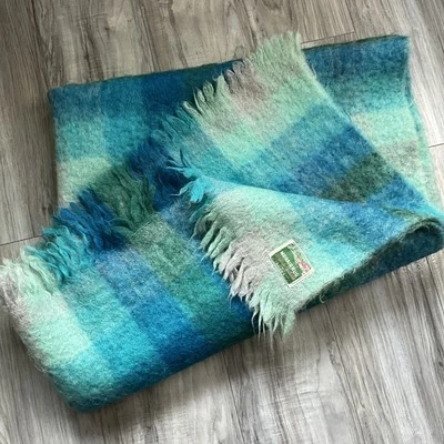 Vintage Blue Plaid Tartan Mohair Throw Rug 54 x 65 Made in Scotland for Eaton's - Image 1 of 4