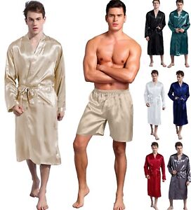 UK Men Satin Pajamas Kimono Bathrobe Robe Dressing Gown Pjs Loungewear+Shorts