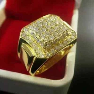 3Ct Round Cut Real Moissanite Pinky Men's Wedding Ring 14K Yellow Gold Plated - Picture 1 of 7
