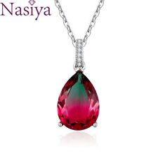 Silver Necklace Pear Color Tourmaline Zircon Pendant Gemstone Charm Jewelry Gift