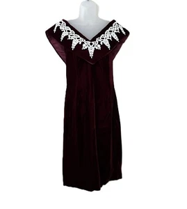 Vestido de cóctel de terciopelo borgoña/rojo hecho a mano para mujer con cuello en V con encaje talla pequeña - Imagen 1 de 8