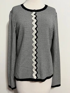 Ann Taylor Crew Neck Cardigan Sweater Black & White Houndstooth Size L New NWOT - Picture 1 of 18