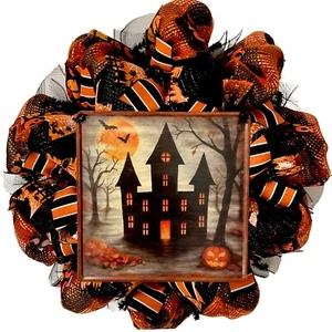 Haunted House Halloween Wreath Handmade Deco Mesh - Picture 1 of 4