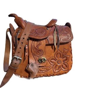 Hand-Tooled Brown Leather Western Saddle Crossbody Purse Detailed Stitching
