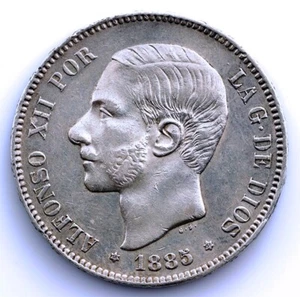 SC-Alfonso XII - 5 pesetas 1885*18-85 MSM. EBC-/XF-. Plata 25 g. ESCASA - Imagen 1 de 2