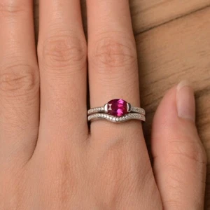Pink Ruby Stack Ring Lab Created Gemstone 925 Sterling Silver Women Minimal Ring - Picture 1 of 5