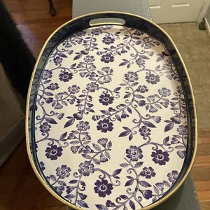 American Atelier Serving Tray w/Gold Trimming, Oval Handles Blue White Flowers - Picture 1 of 6