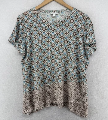 J.JILL Top M Love 亚麻球衣奖章印花分层短袖蓝色 — 第 1/4 张图片