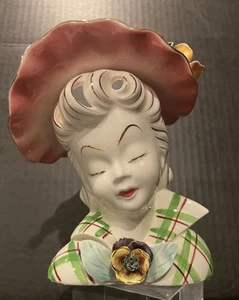 Amazing MARGO Lady Head Vase Pink Hat Yellow Flower Green Plaid Top 7” - Picture 1 of 19