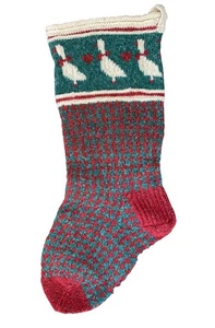 Christmas Stocking 27” Maine Wool Handmade Knit Sock Geese Large Red Green Cream - Picture 1 of 14