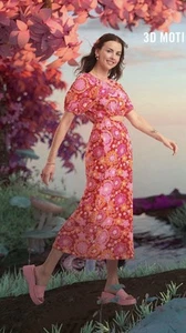 Sportsgirl Floral Maxi Dress Size 16 Puff Sleeve Linen Cutout Pink Orange RP$119 - Picture 1 of 7