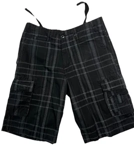 Op Cargo Shorts Men's 30 Black White Plaid 8 Pocket Skater 90s Y2K Long Flat - Picture 1 of 12