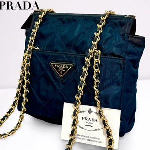Prada Quilted Nylon Chain Shoulder Bag Navy Gold Hardware Authentic Women's - Picture 1 of 10