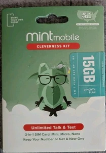 3 Months Mint Mobile Prepaid SIM Card with 15GB DATA, Talk, Text Service - Zdjęcie 1 z 1