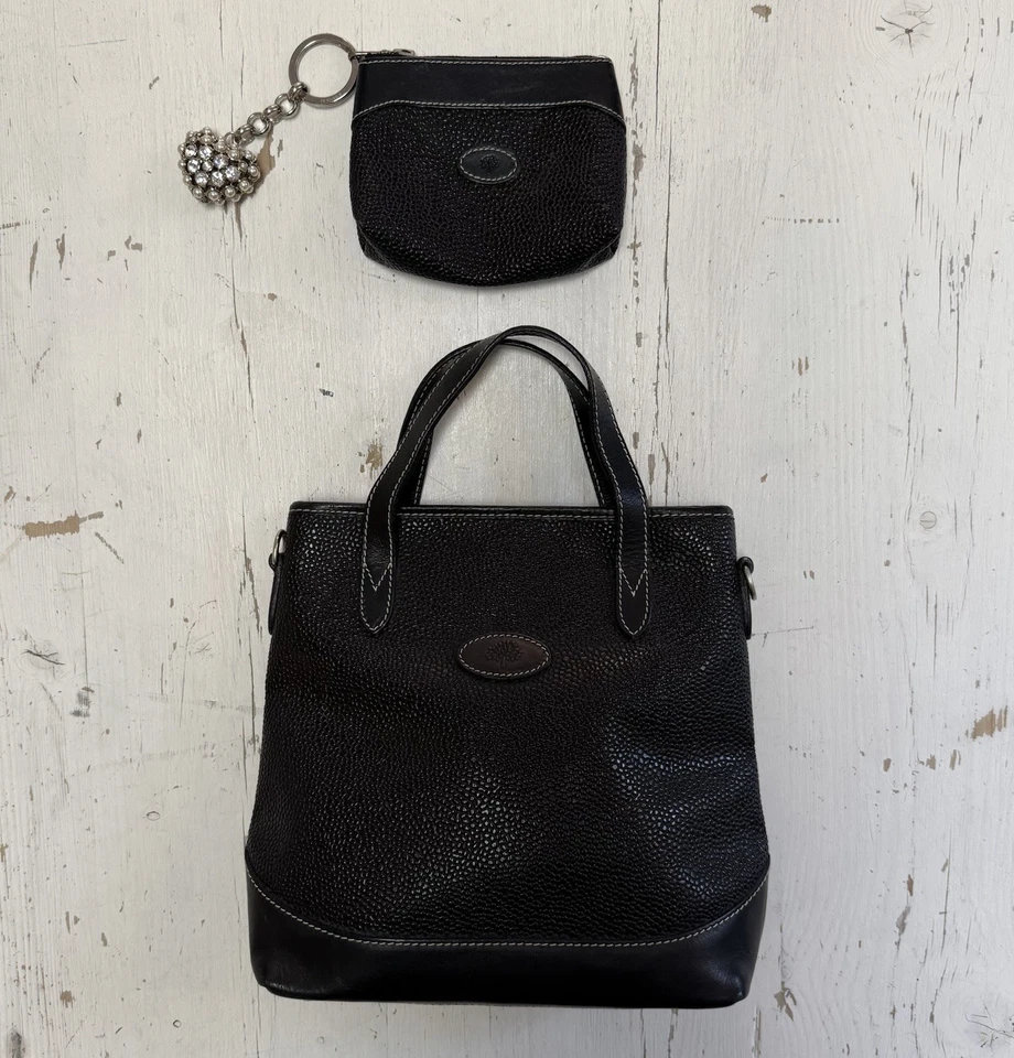 Bolso de Mano Mulberry Vintage en Cuero Grano Escocés Negro con Monedero a Juego Foto 1 de 4