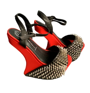 Jeffrey Campbell Platform Vicious-N Black Red Silk Silver Spike Open Toe Size 6M - Picture 1 of 12