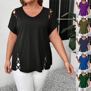 Plus Size 18-26 Women Hollow Out Tunic Tops Short Sleeve Casual T Shirt Blouse - Picture 1 of 25