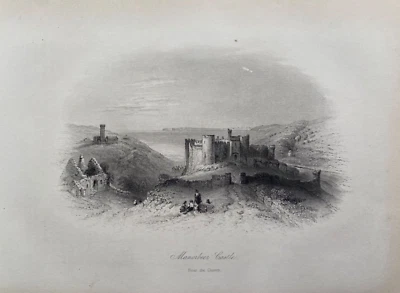 Impresión antigua de 1842; Castillo Manorbier cerca de Tenby, Gales después de Bartlett Foto 1 de 2